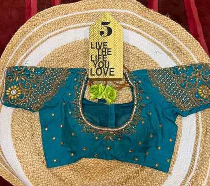 40” Bridal Aari hand Worked Sari Blouse Indian Top Choli Silk Teal Blue B42