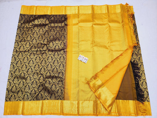 Kanchipuram Pure Silk Saree Brown & Yellow Kanjivaram Sari| SPK124