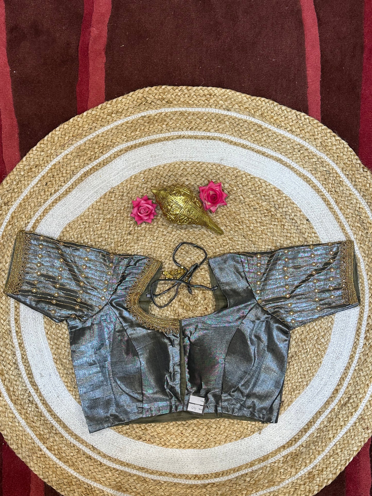 40” Size 10 Aari Worked Sari Blouse Indian Saree Top Silk Metallic Grey B89