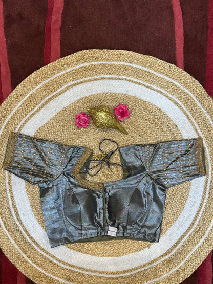 40” Size 10 Aari Worked Sari Blouse Indian Saree Top Silk Metallic Grey B89