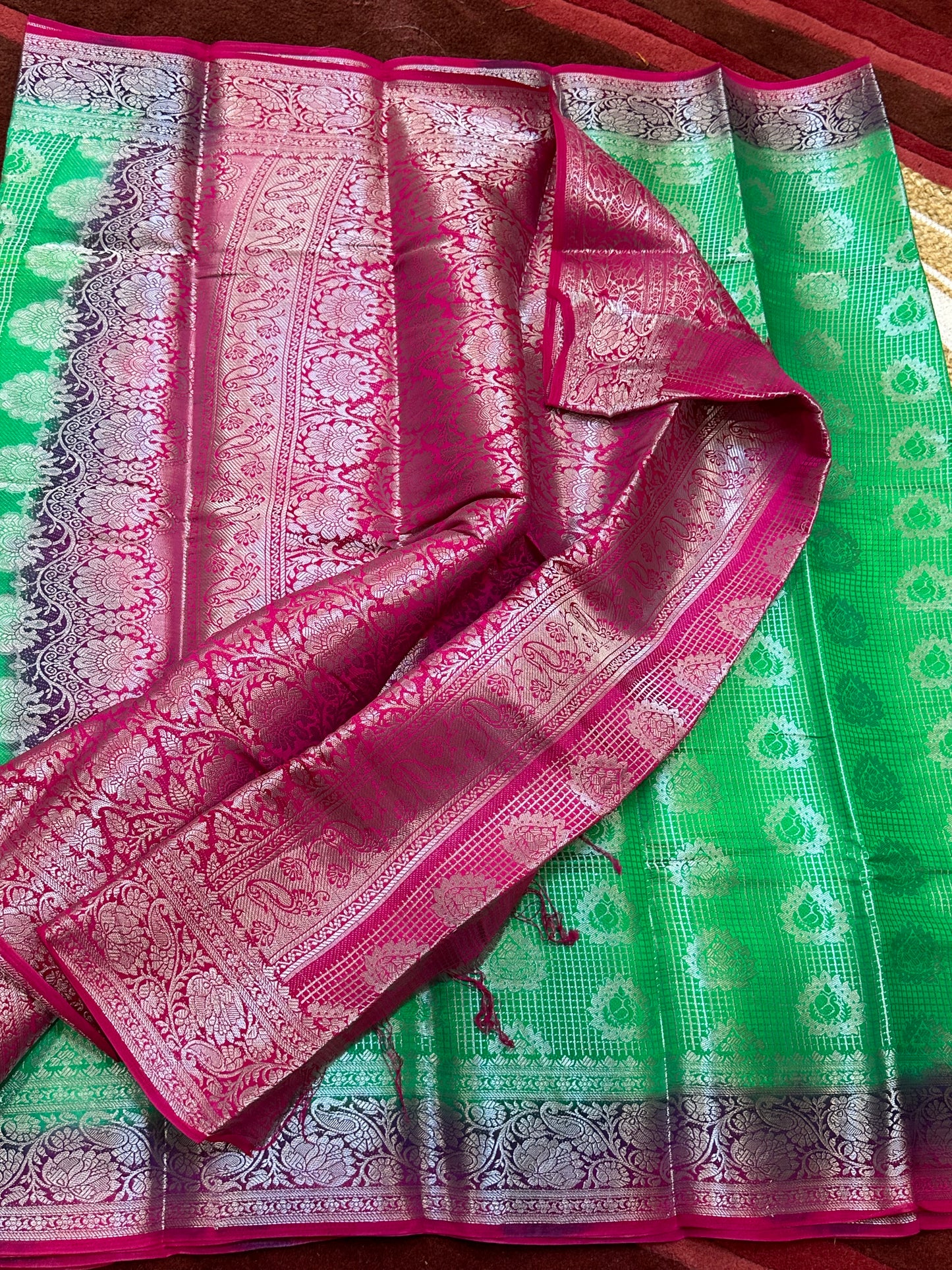 Bangalore Silk Sari Indian Fancy Saree Green & Pink S66