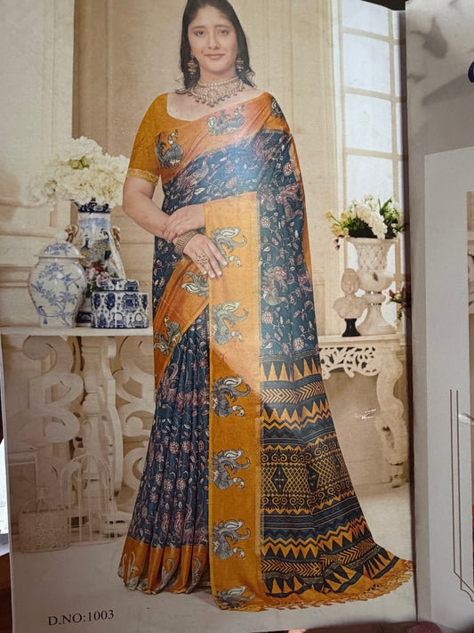 Indian Crape Silk Saree Kalamkari Printed Sari S150