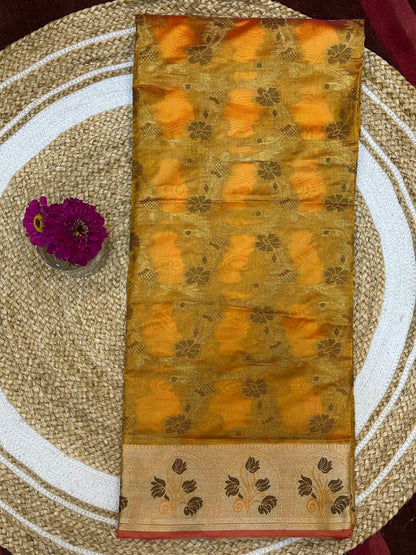 Yellow Orange thread work Sari Indian Saree S75