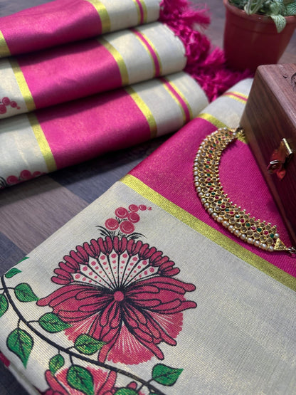 Red Kerala Vishu Sari Indian Onam Tissue Gold Saree C12