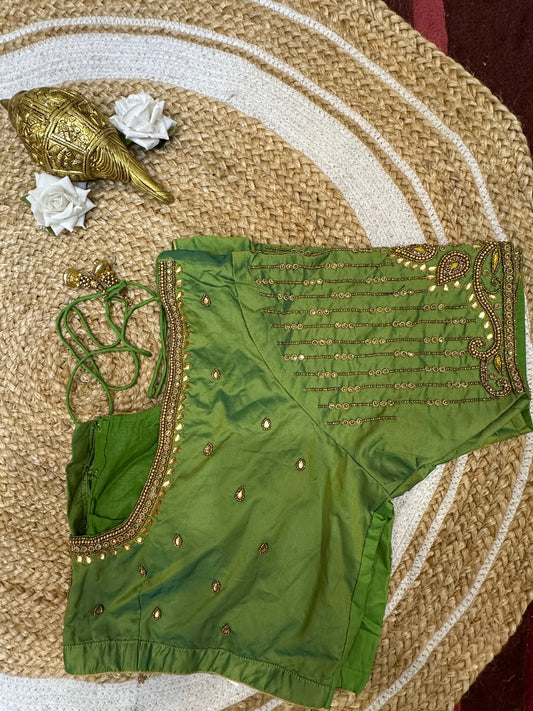 50” Size 20 Aari Worked Sari Blouse Indian Saree Top Silk Green B58