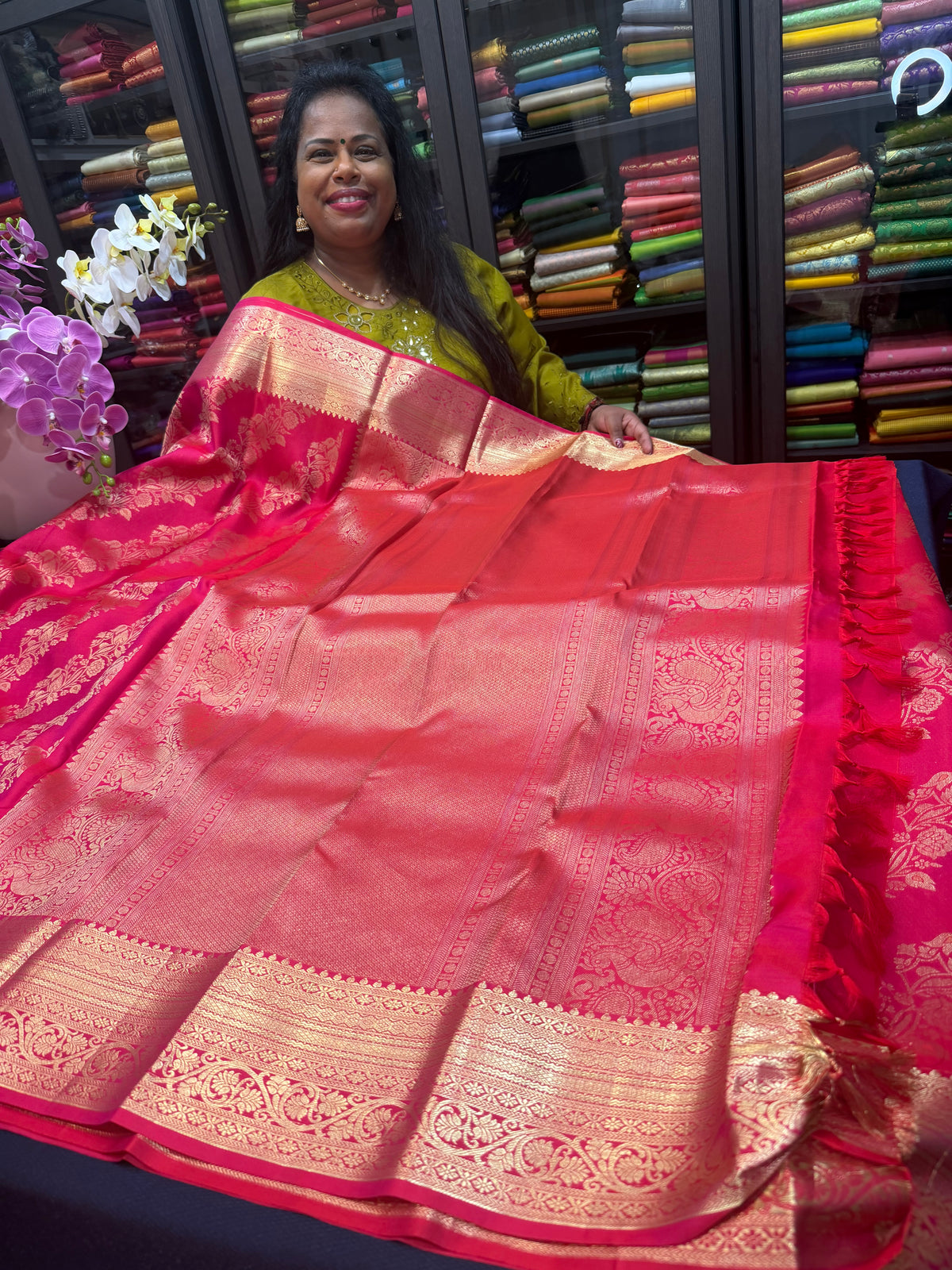 Kanchipuram Pure Silk Saree Bridal Reddish Pink Kanjivaram Sari SPK481