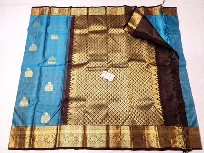 Kanchipuram Pure Silk Saree Bridal Blue Checkered Kanjivaram Sari SPK256