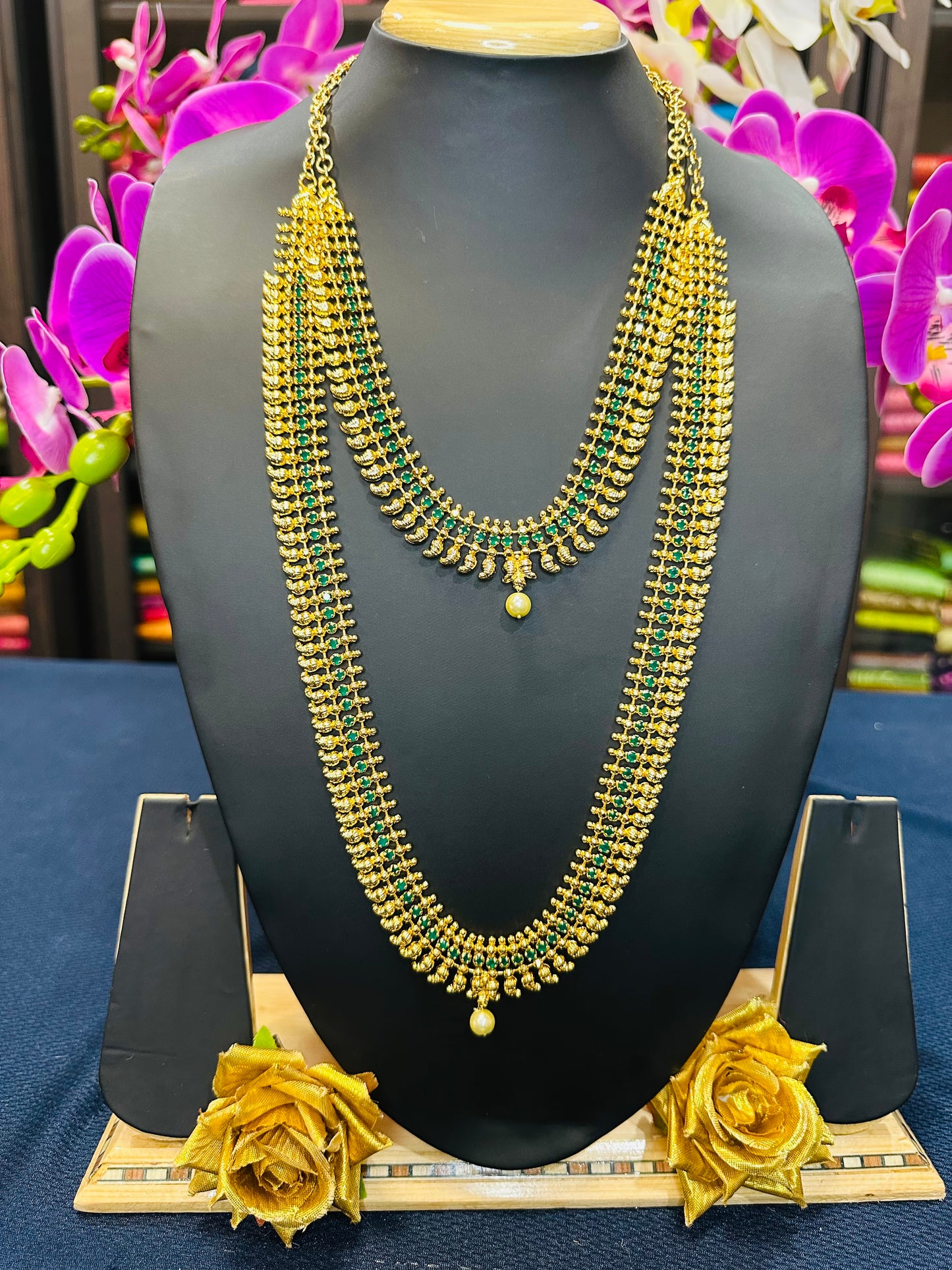 Forming Gold Indian Necklace Kerala Jewellery Green N44