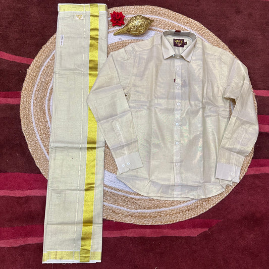 Men’s South Indian Vesti Shirt Combo Tissue Cream Gold Dhotti V3