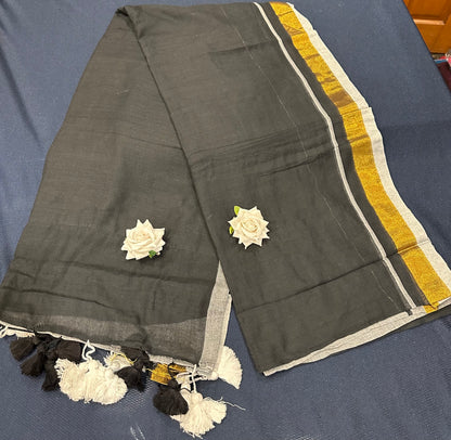 MUL Cotton Sari Indian casual Saree Grey Black C29