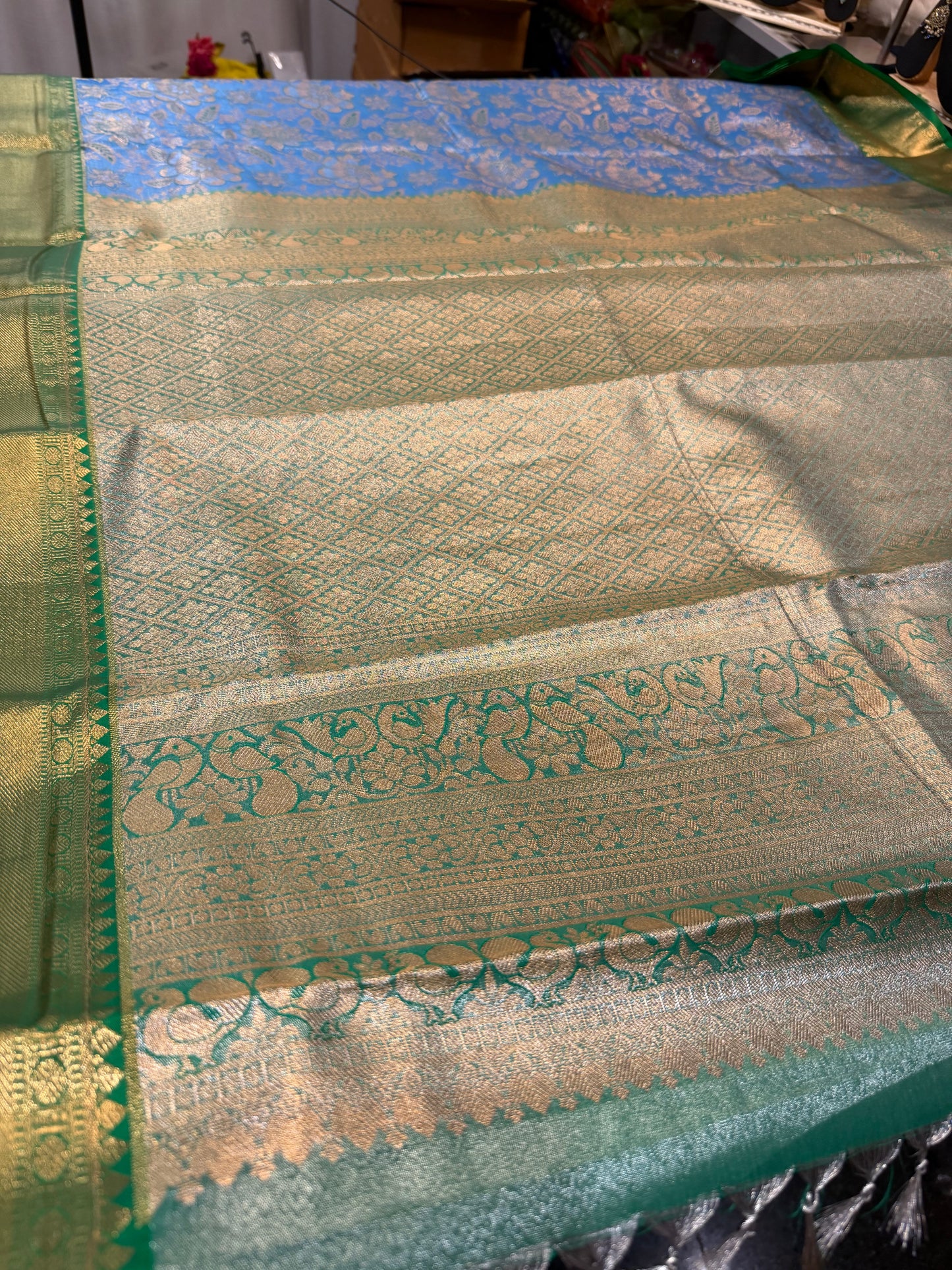 Semi Silk Indian Bridal Tissue Kanjivaram / Kanchipuram Sari Blue Saree SEMI1