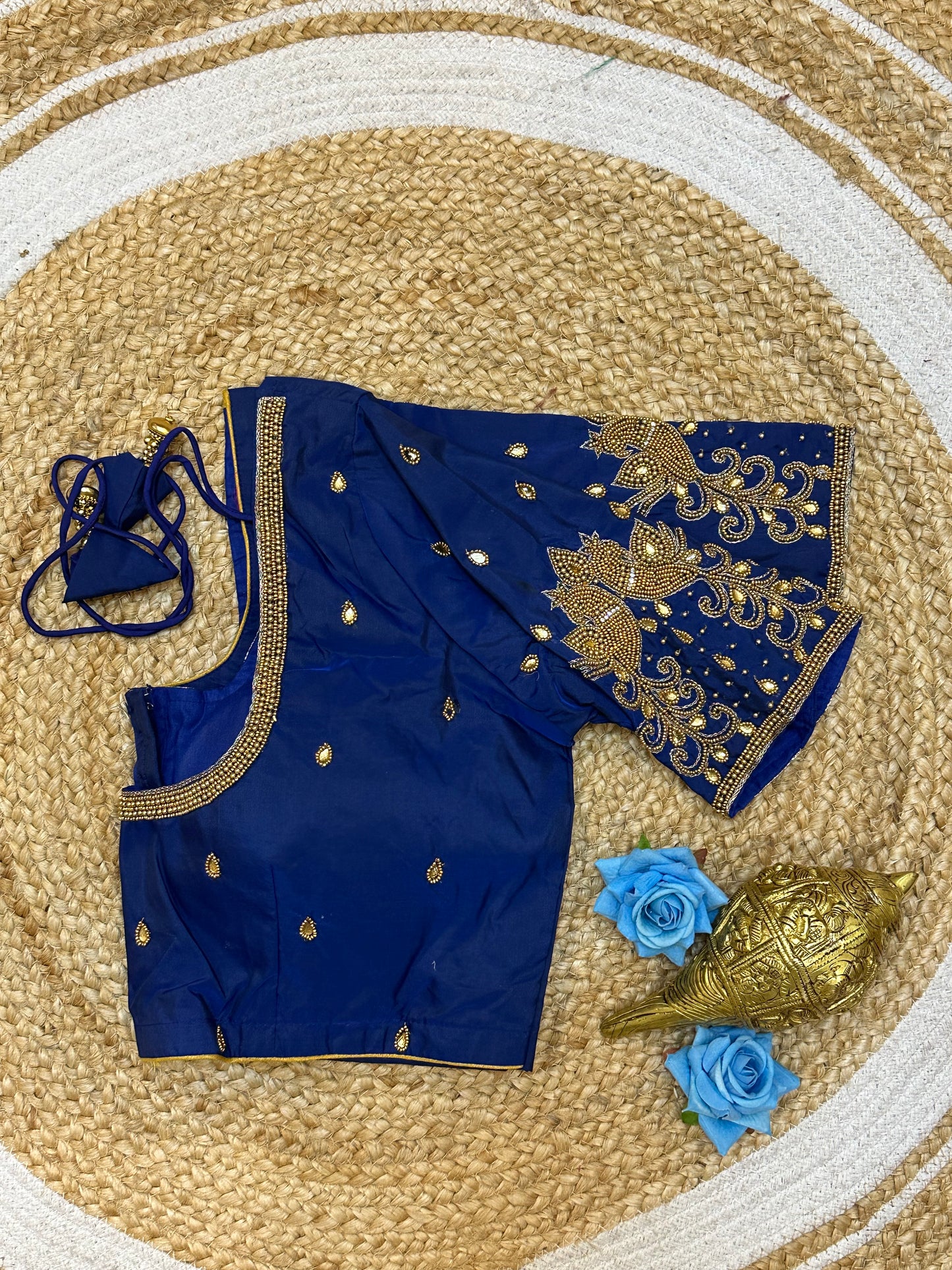 40” Size 10 Aari Worked Sari Blouse Indian Saree Top Silk Blue B182