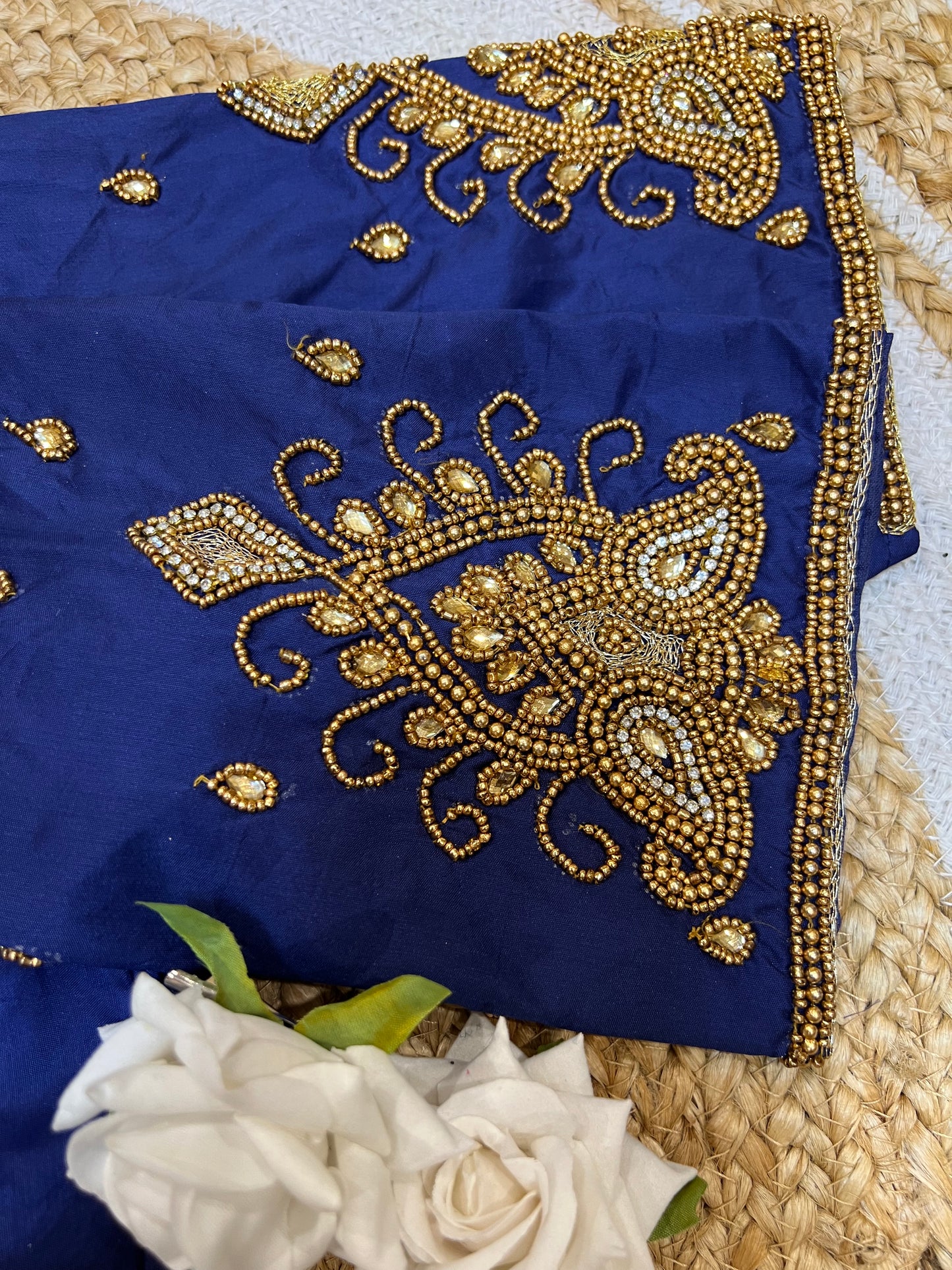 40” Aari hand Worked Sari Blouse Indian Top Choli Silk Blue B29