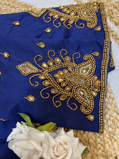 40” Aari hand Worked Sari Blouse Indian Top Choli Silk Blue B29