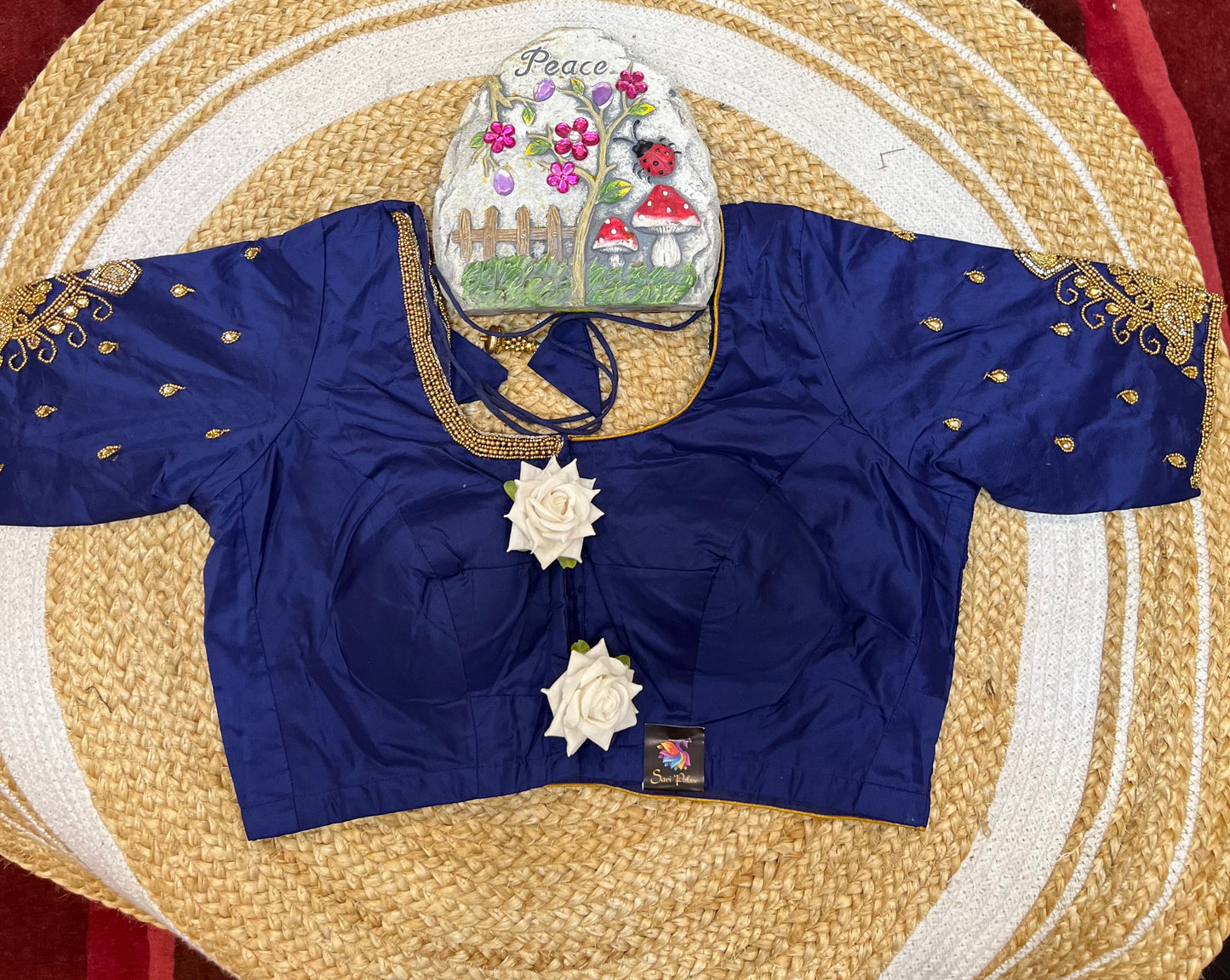 40” Aari hand Worked Sari Blouse Indian Top Choli Silk Blue B29