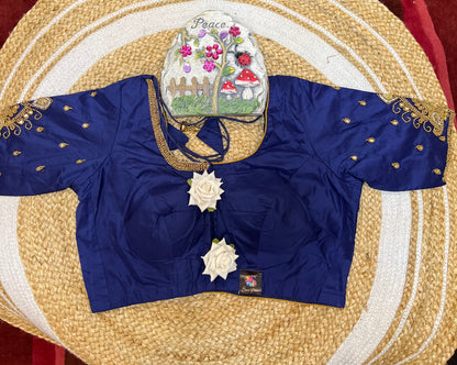 40” Aari hand Worked Sari Blouse Indian Top Choli Silk Blue B29
