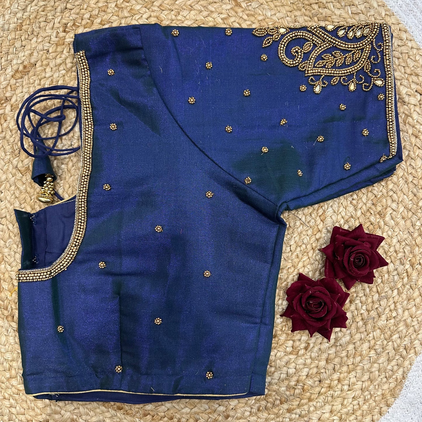 46” Size 16 Aari Worked Sari Blouse Indian Saree Top Silk Blue B411