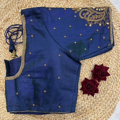 46” Size 16 Aari Worked Sari Blouse Indian Saree Top Silk Blue B411