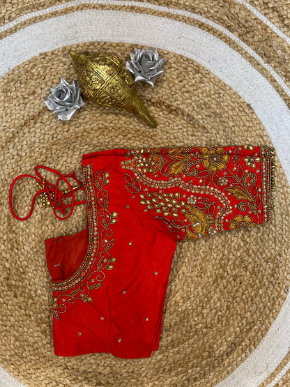 34” XS Aari Worked Sari Blouse Indian Saree Top Silk Red B102