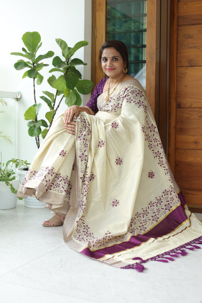 Maroon Kerala Vishu Sari Indian Premium Cream Saree C7