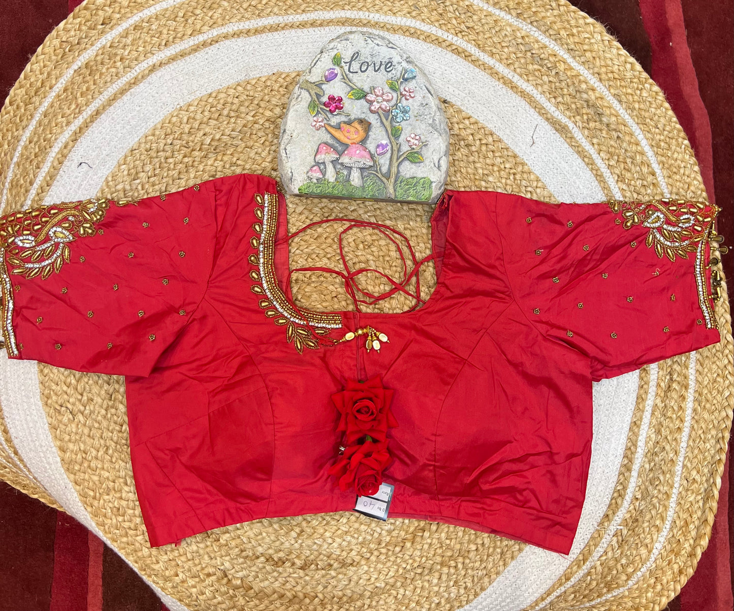 40” Aari hand Worked Sari Blouse Indian Top Choli Silk Red B31