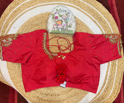 40” Aari hand Worked Sari Blouse Indian Top Choli Silk Red B31