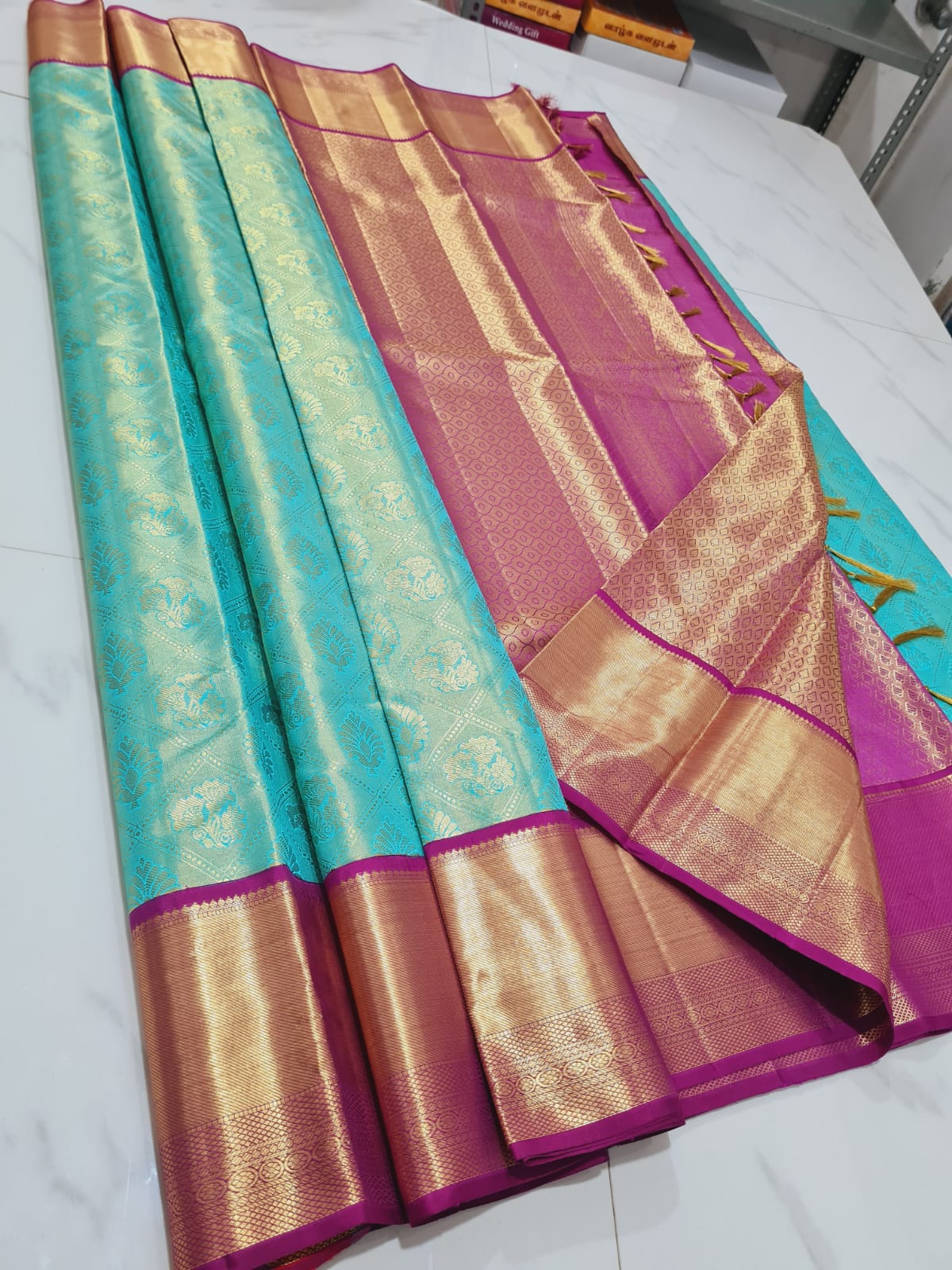 Bridal Tissue Kanchipuram Pure Silk Saree Aqua Kanjivaram Sari| SPK169