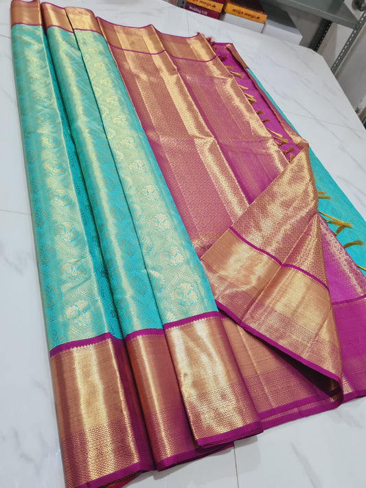 Bridal Tissue Kanchipuram Pure Silk Saree Aqua Kanjivaram Sari| SPK169