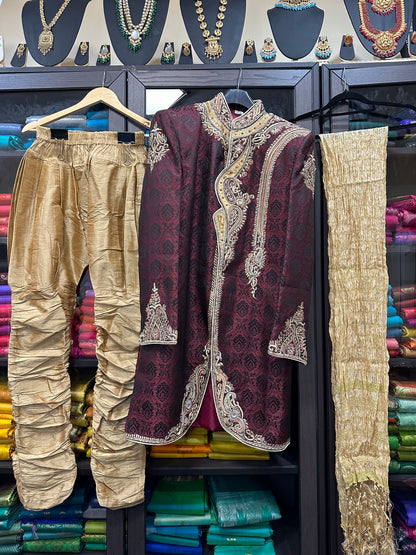 40” Large size Men’s Kurta Indian Gold & Maroon Sherwani Bollywood outfit M10