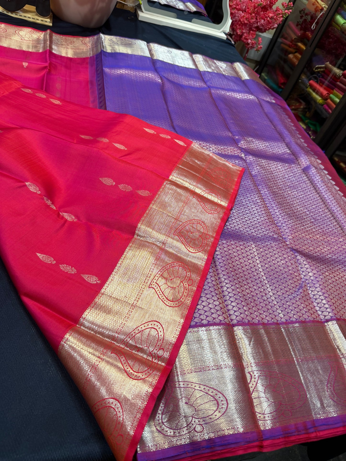 Kanchipuram Pure Silk Saree with Gold Zari Pink & Purple Sari| SPK079
