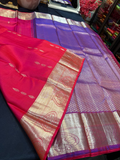 Kanchipuram Pure Silk Saree with Gold Zari Pink & Purple Sari| SPK079