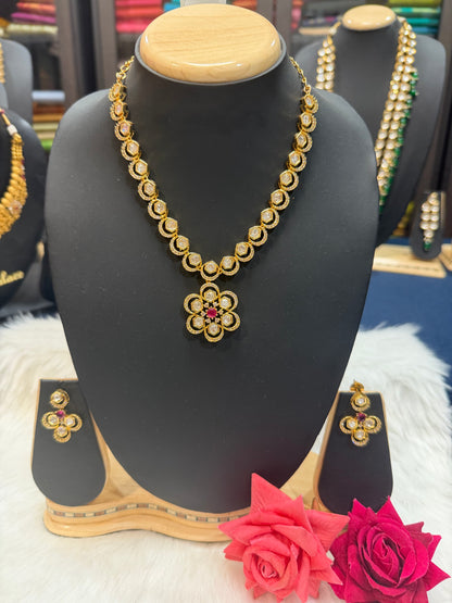 1 gram Gold Indian Necklace and Earrings set Ruby & White stones N6