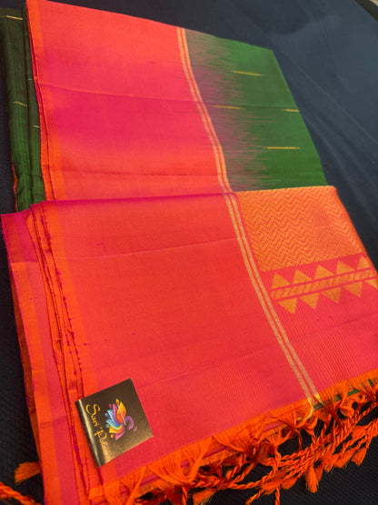 Kanchipuram Soft Silk Saree Pure Silk Sari Green Orange Colour | SS2