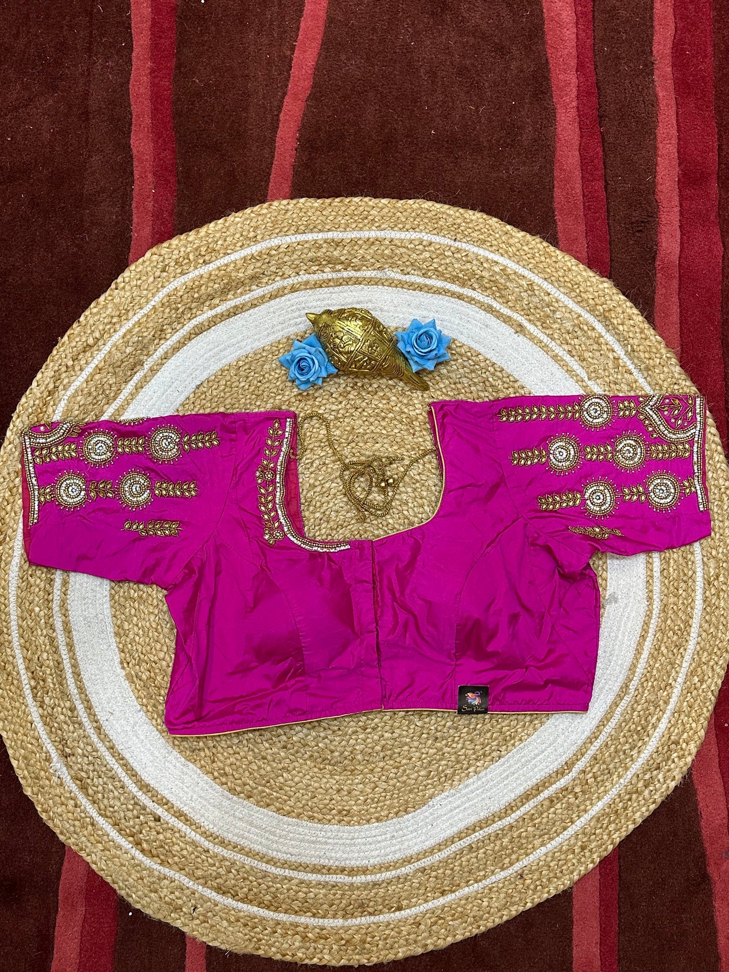 46” Size 16 Aari Worked Sari Blouse Indian Saree Top Silk Rani Pink B196