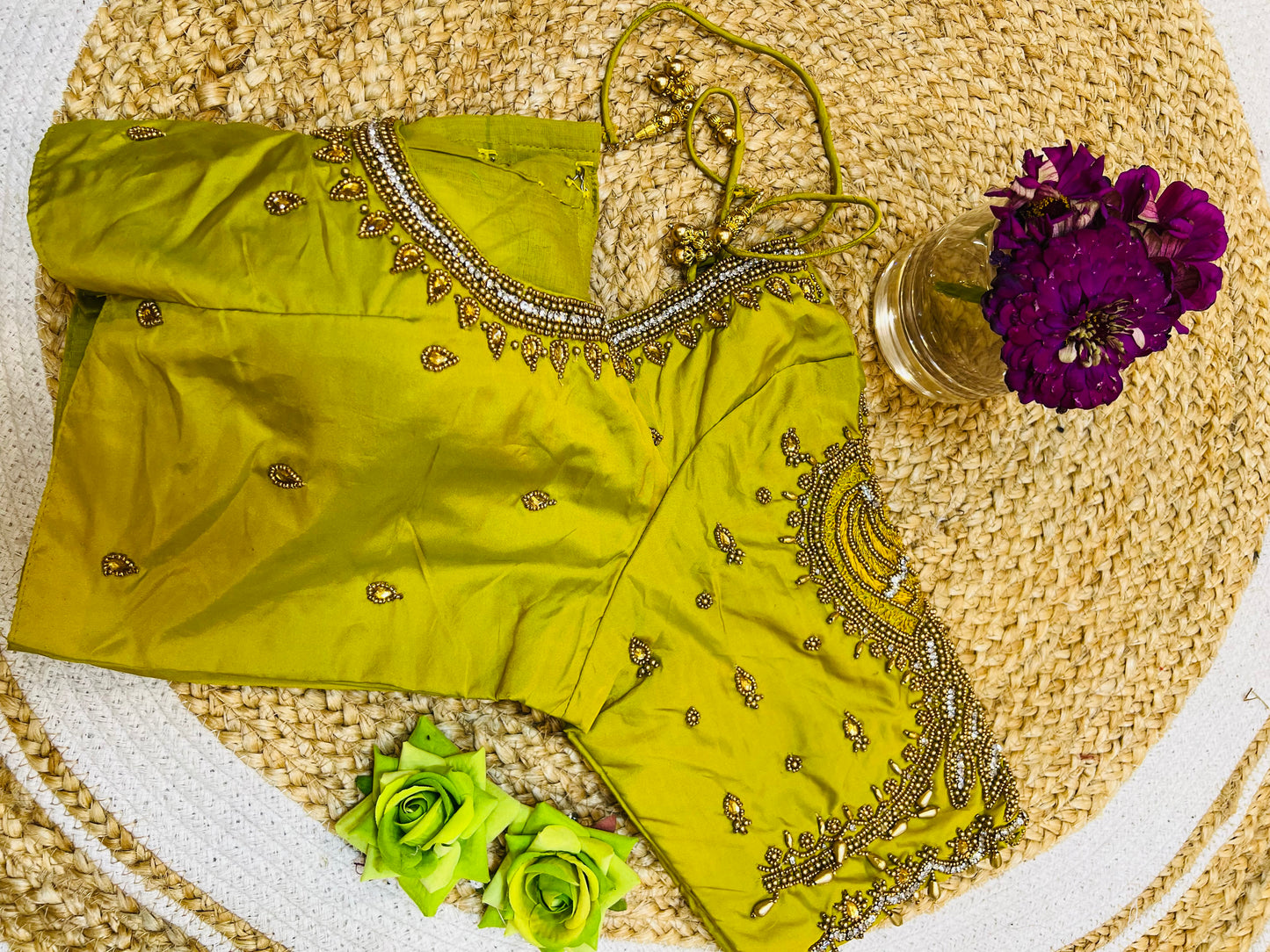 40” Aari hand Worked Sari Blouse Indian Top Choli Silk Lime Green B13