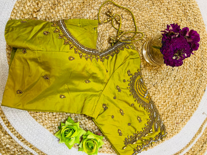 40” Aari hand Worked Sari Blouse Indian Top Choli Silk Lime Green B13