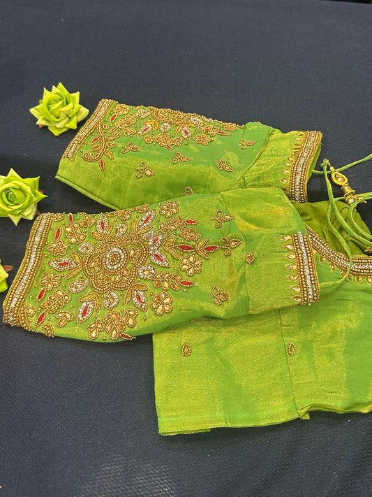 40” Aari hand Worked Sari Blouse Indian Top Choli Silk Green Gold B12