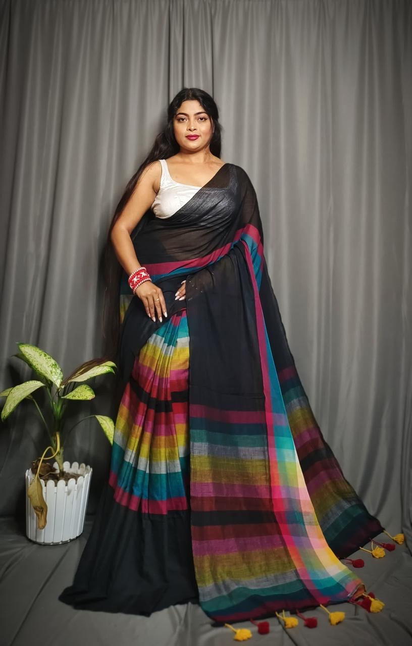 MUL Cotton White Rainbow Sari Indian casual Saree C25