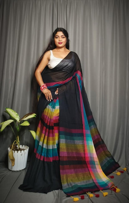 MUL Cotton White Rainbow Sari Indian casual Saree C25