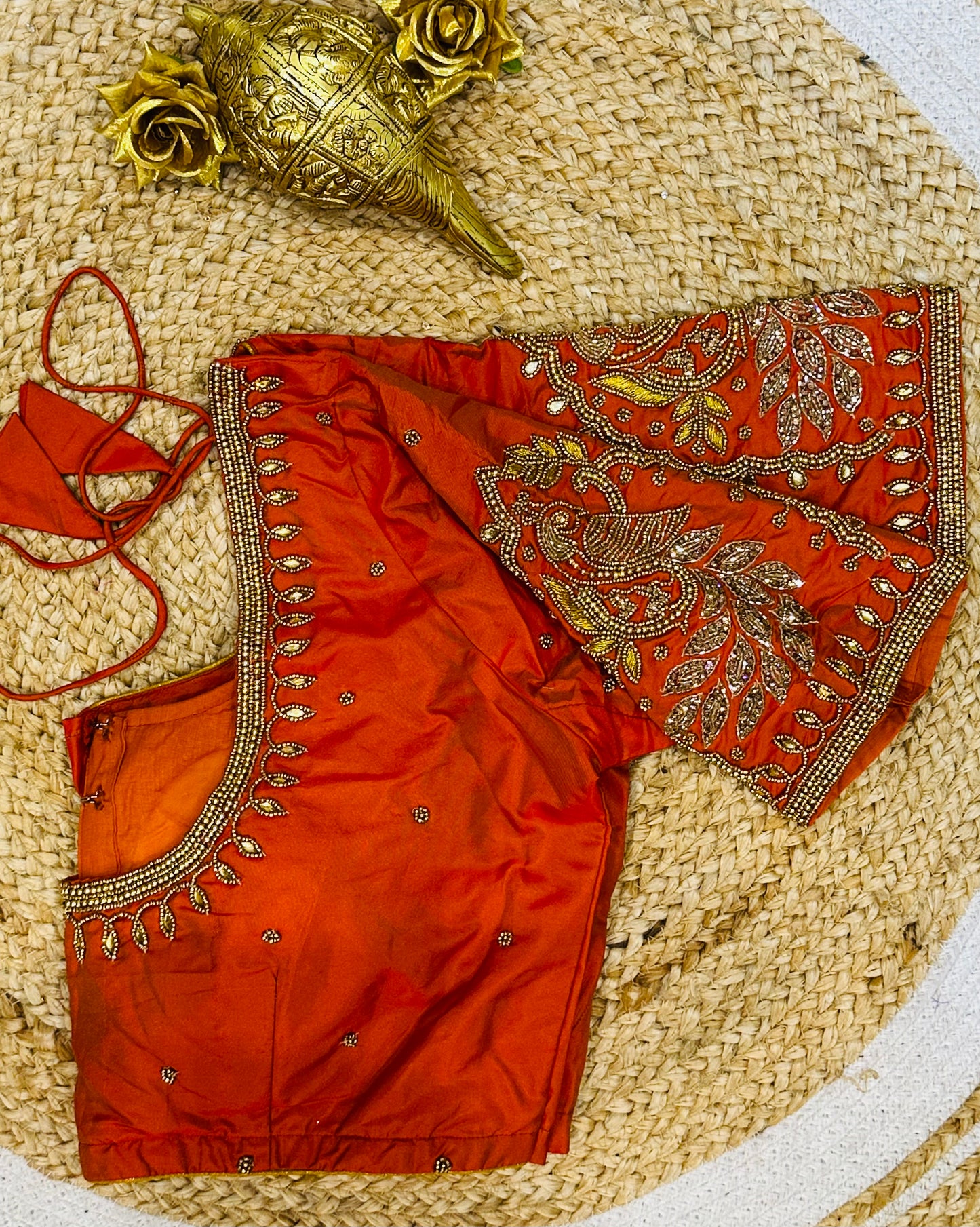 40” Size 10 Aari Worked Sari Blouse Indian Saree Top Silk Orange B74