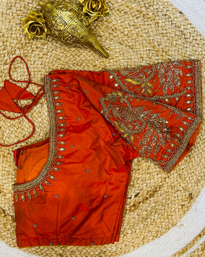 40” Size 10 Aari Worked Sari Blouse Indian Saree Top Silk Orange B74