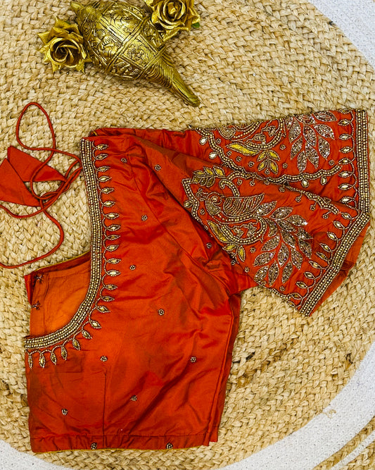 40” Size 10 Aari Worked Sari Blouse Indian Saree Top Silk Orange B74