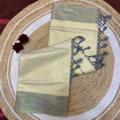 Brown Kerala Vishu Sari Indian Cream Tissue Saree C34