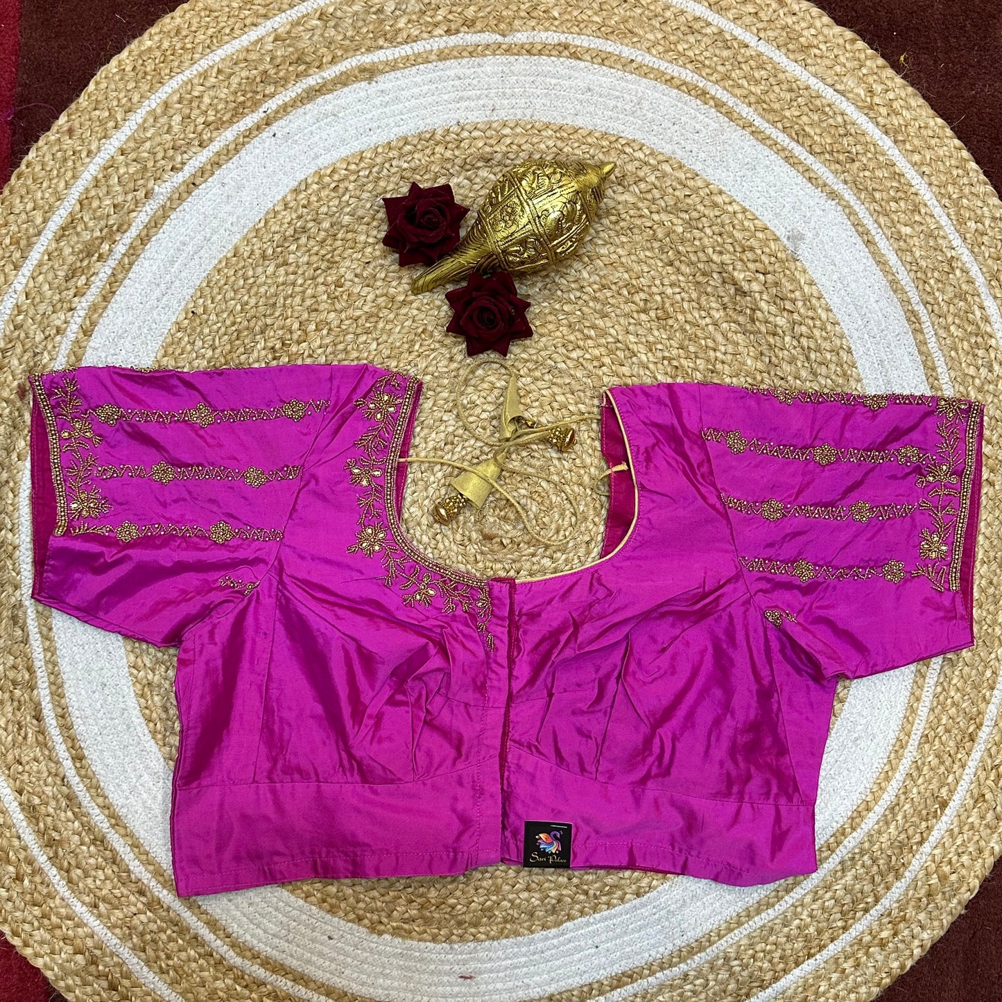 44” Size 14 Aari Worked Sari Blouse Indian Saree Top Silk Hot Pink B253
