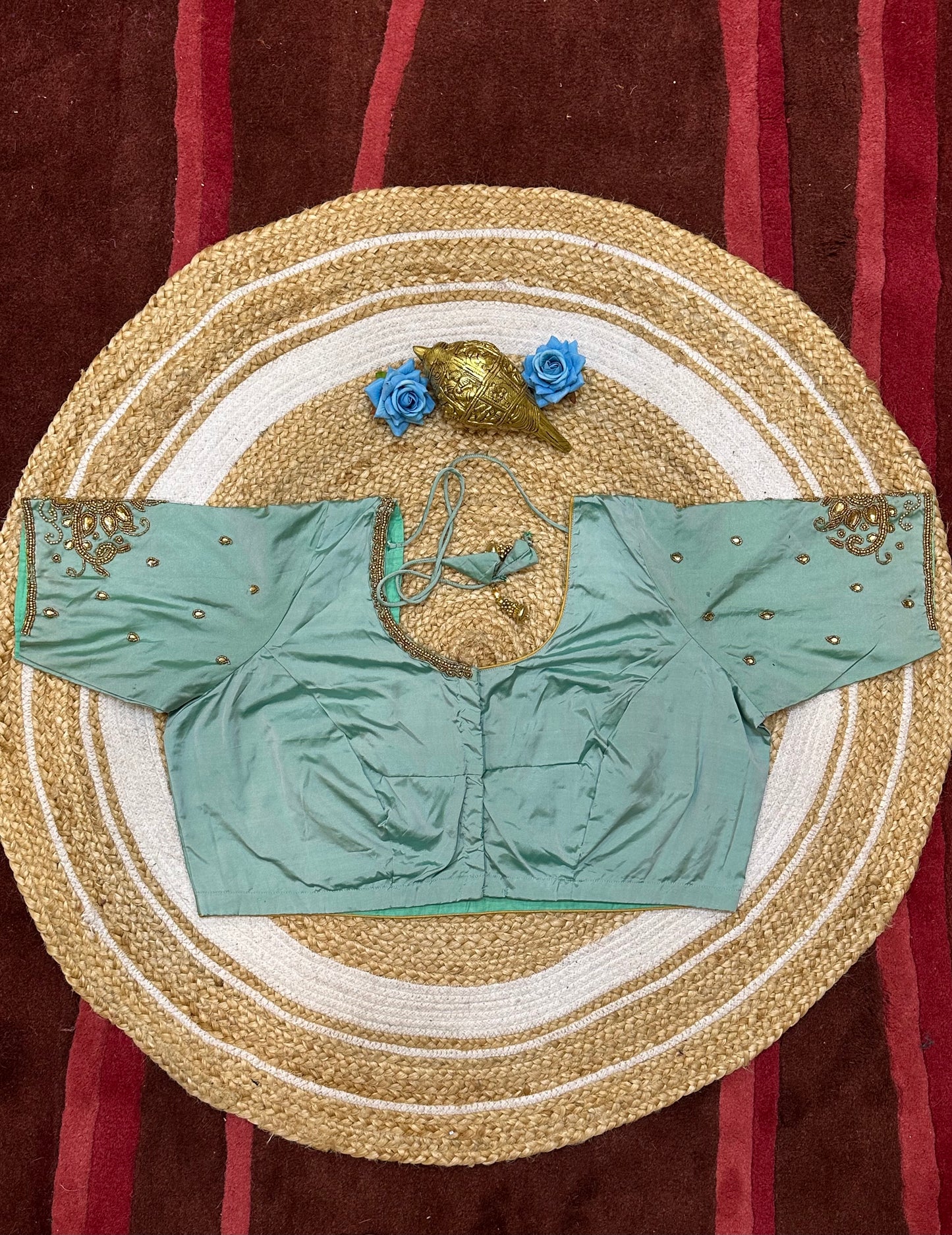 50” Size 20 Aari Worked Sari Blouse Indian Saree Top Silk Sea Green B198