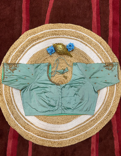 50” Size 20 Aari Worked Sari Blouse Indian Saree Top Silk Sea Green B198