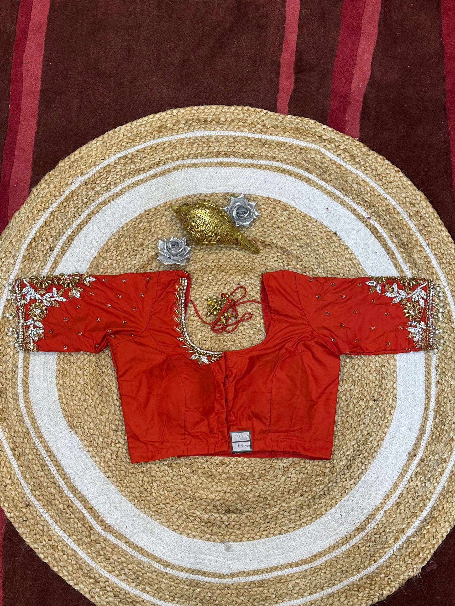 34” XSmall Aari Worked Sari Blouse Indian Saree Top Silk Red B125
