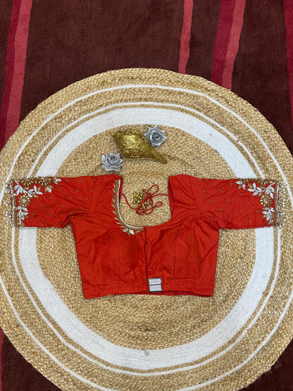34” XSmall Aari Worked Sari Blouse Indian Saree Top Silk Red B125