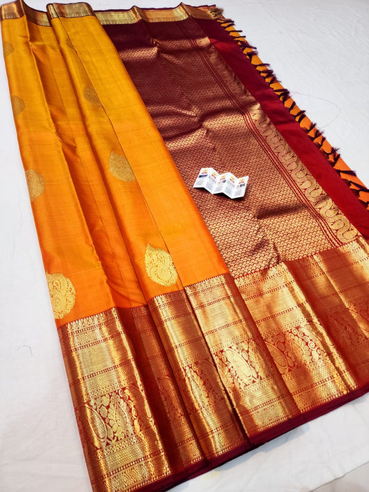 Kanchipuram Pure Silk Saree Bridal Mango Yellow Kanjivaram Sari SPK292