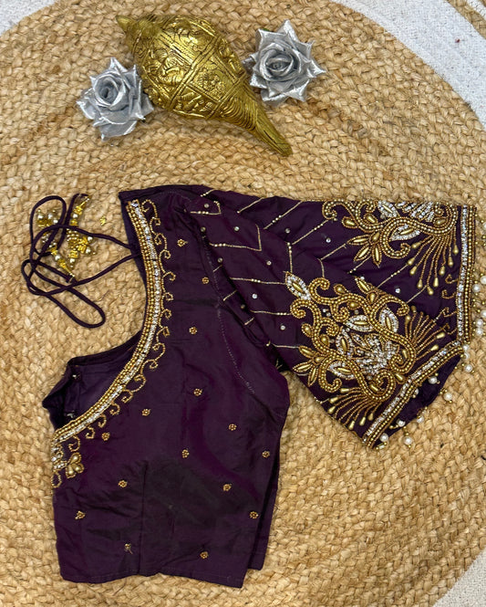 34” XSmall Aari Worked Sari Blouse Indian Saree Top Silk Purple Wine B116